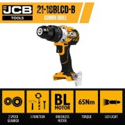 JCB 18V Cordless Brushless Combi Drill, Belt Clip, Variable Speed & LED Light - Bare Unit - 21-18BLCD-B