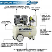 Hyundai HY7524 5.2CFM, 1HP, 24 Litre Oil Free Direct Drive Silenced Air Compressor