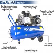 Hyundai HY3100P 14CFM, 3HP, 100 Litre Twin Cylinder Belt Drive Air Compressor