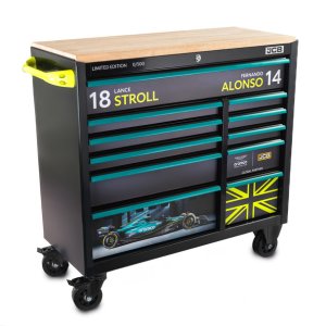 Aston Martin Aramco Formula One® Team x JCB 42” 11 Drawer Steel Roller Tool Cabinet with Hardwood Worktop