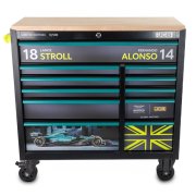 Aston Martin Aramco Formula One® Team x JCB 42” 11 Drawer Steel Roller Tool Cabinet with Hardwood Worktop