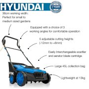 Hyundai HYSC1600E 1600W Electric Lawn Scarifier / Aerator / Lawn Rake, 230V